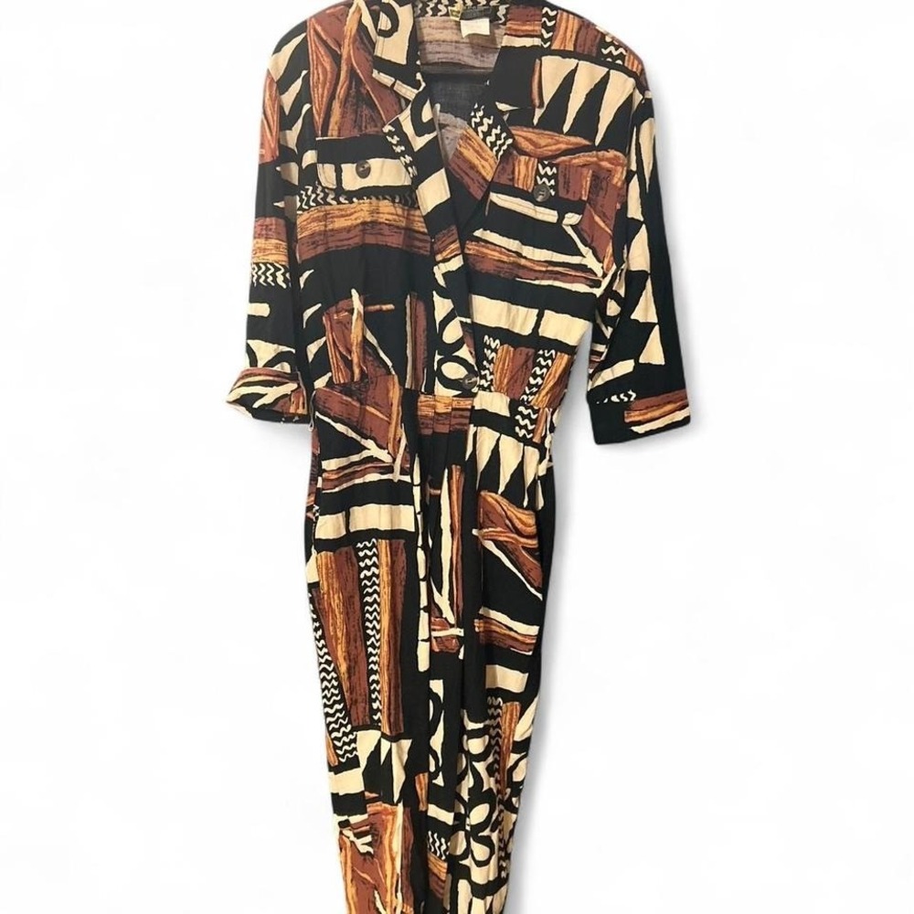 Retro‎ funky 80's Black and brown abstract AOP print dress 3/4 sleeves SIZE MED